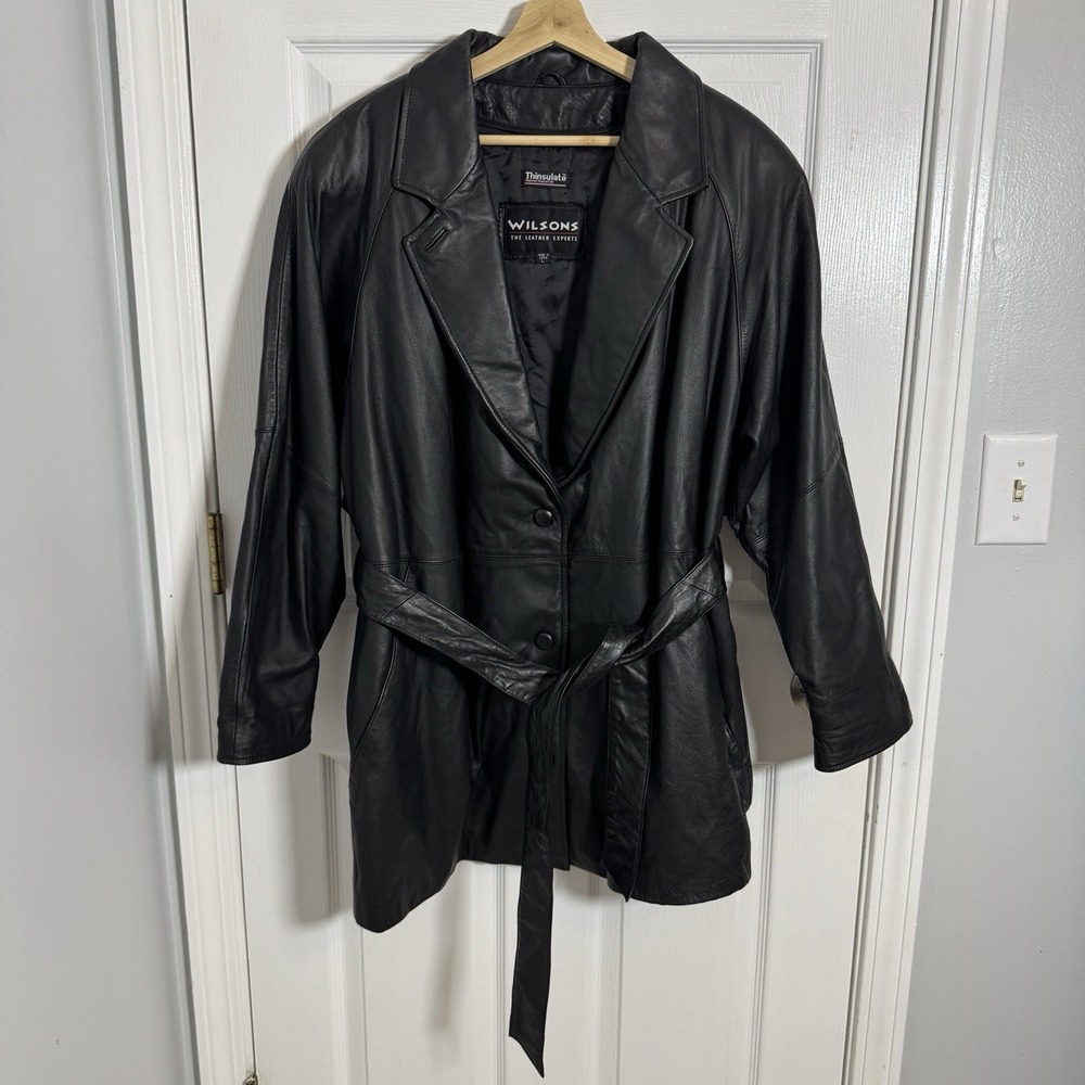 Wilsons Leather Men's L Black Leather Belted Overcoat Removable Thinsulate Liner